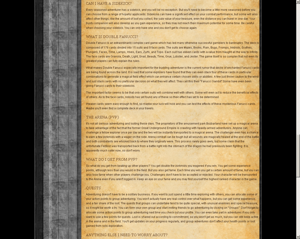 Legends of Zork (Browser) screenshot: Some general game knowledge from the FAQ