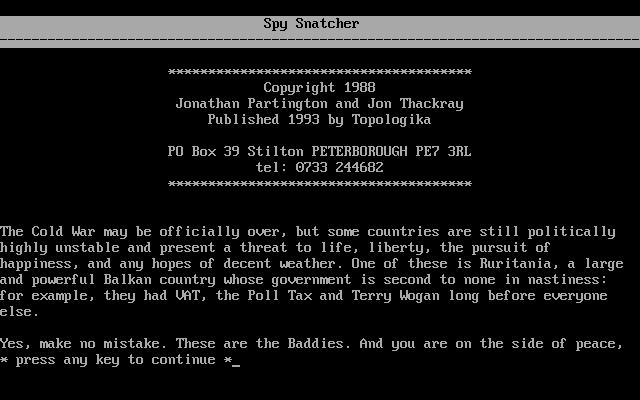 Spy Snatcher (DOS) screenshot: Start screen