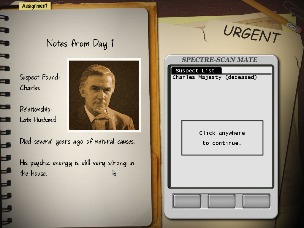 G.H.O.S.T. Hunters: The Haunting of Majesty Manor (Windows) screenshot: Notes from Day 1
