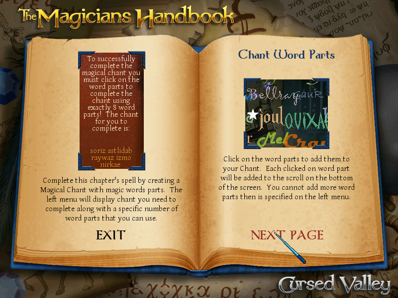 The Magician's Handbook: Cursed Valley (Windows) screenshot: Magical chant instructions