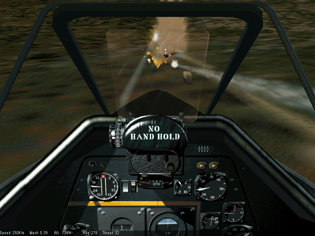 Mig Alley (Windows) screenshot: Taking out a truck convoy with rockets in the F-51
