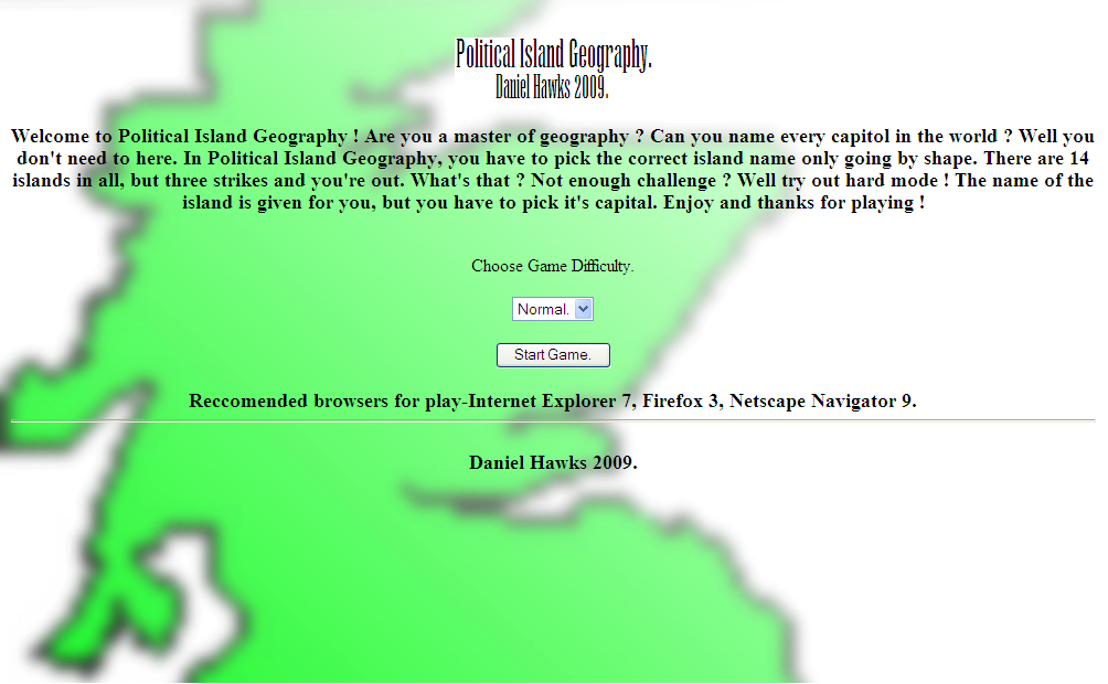 Political Island Geography (Browser) screenshot: Title screen