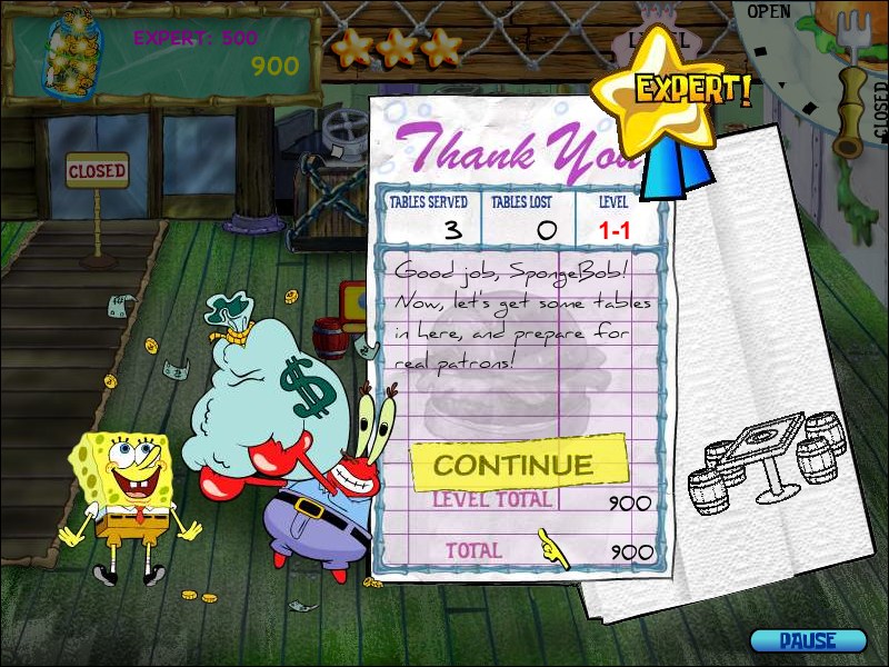 SpongeBob SquarePants: Diner Dash (Windows) screenshot: Level statistics