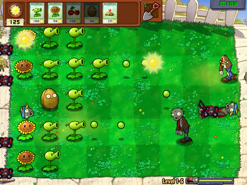 Plants vs. Zombies (Windows) screenshot: The lawnmower runs over the zombies when they reach the other side.