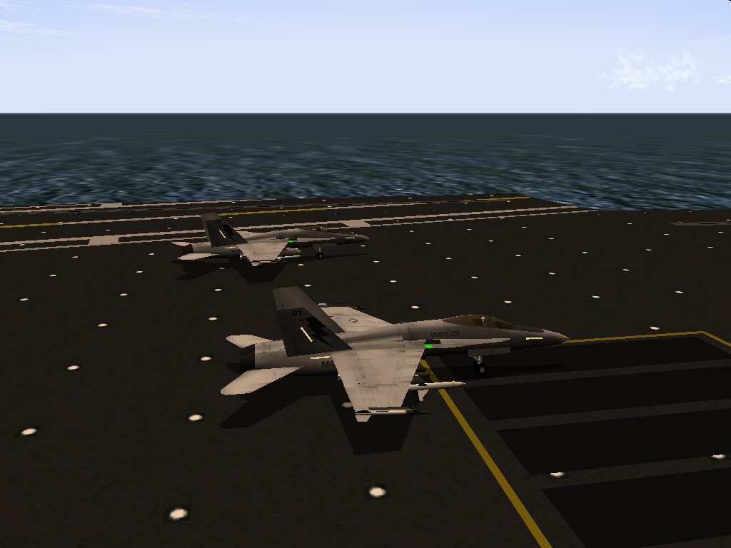 F/A-18 Precision Strike Fighter (Windows) screenshot: Two Hornets on the carrier deck