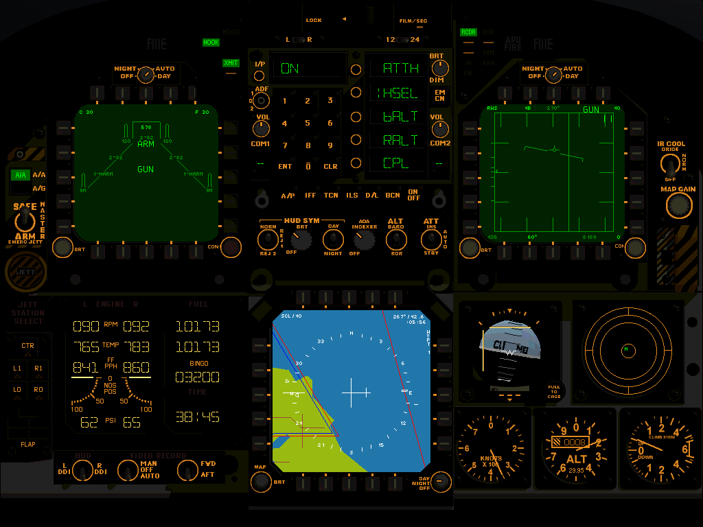 F/A-18 Precision Strike Fighter (Windows) screenshot: Full-screen cockpit panel view by night