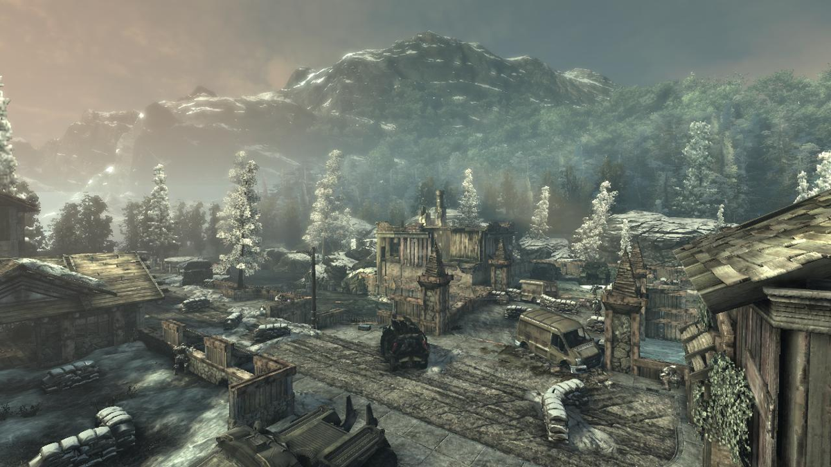 Gears of War 2 (Xbox 360) screenshot: Playing an Execution match on the "River" multiplayer map.
