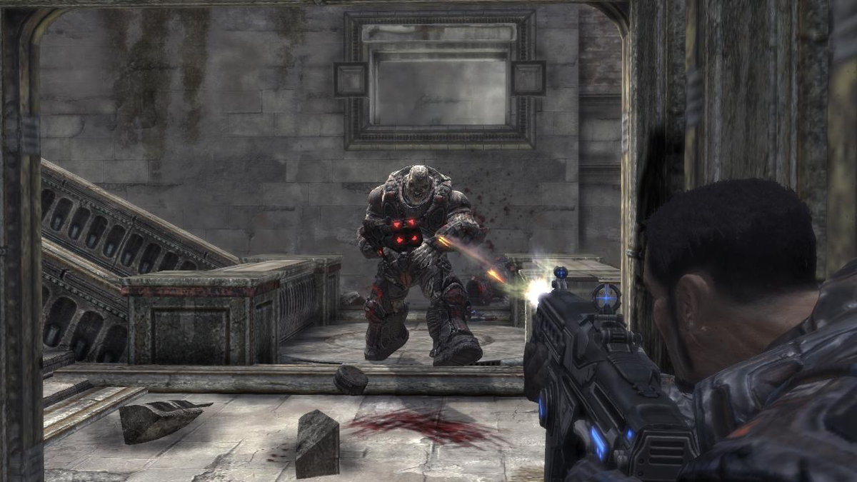 Gears of War 2 (Xbox 360) screenshot: Dom is firing at a Boomer who is reloading his Boomshot.