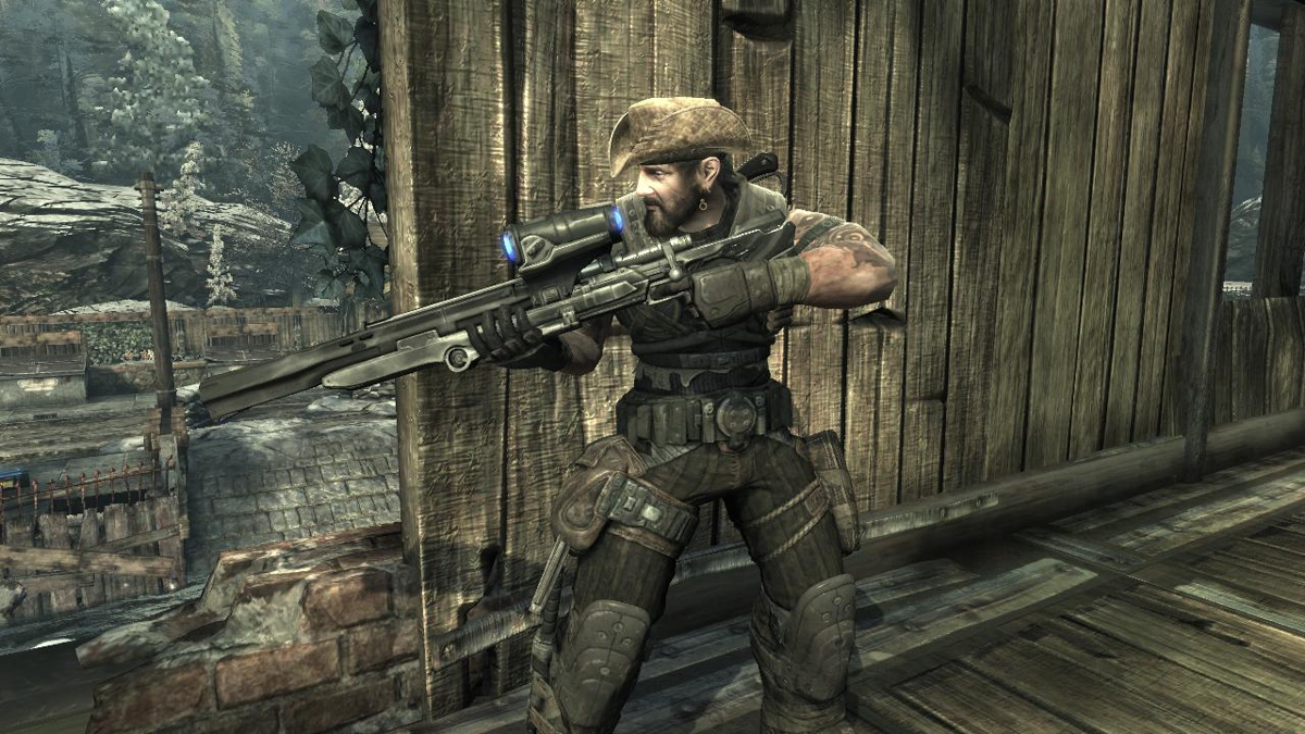Gears of War 2 (Xbox 360) screenshot: Dizzy Wallin is waiting for the Locust who raises his head...