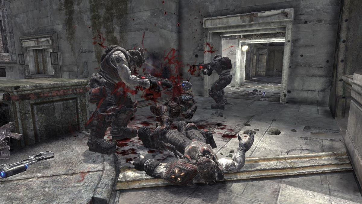 Gears of War 2 (Xbox 360) screenshot: Three Locust warriors were too much for Anthony Carmine.