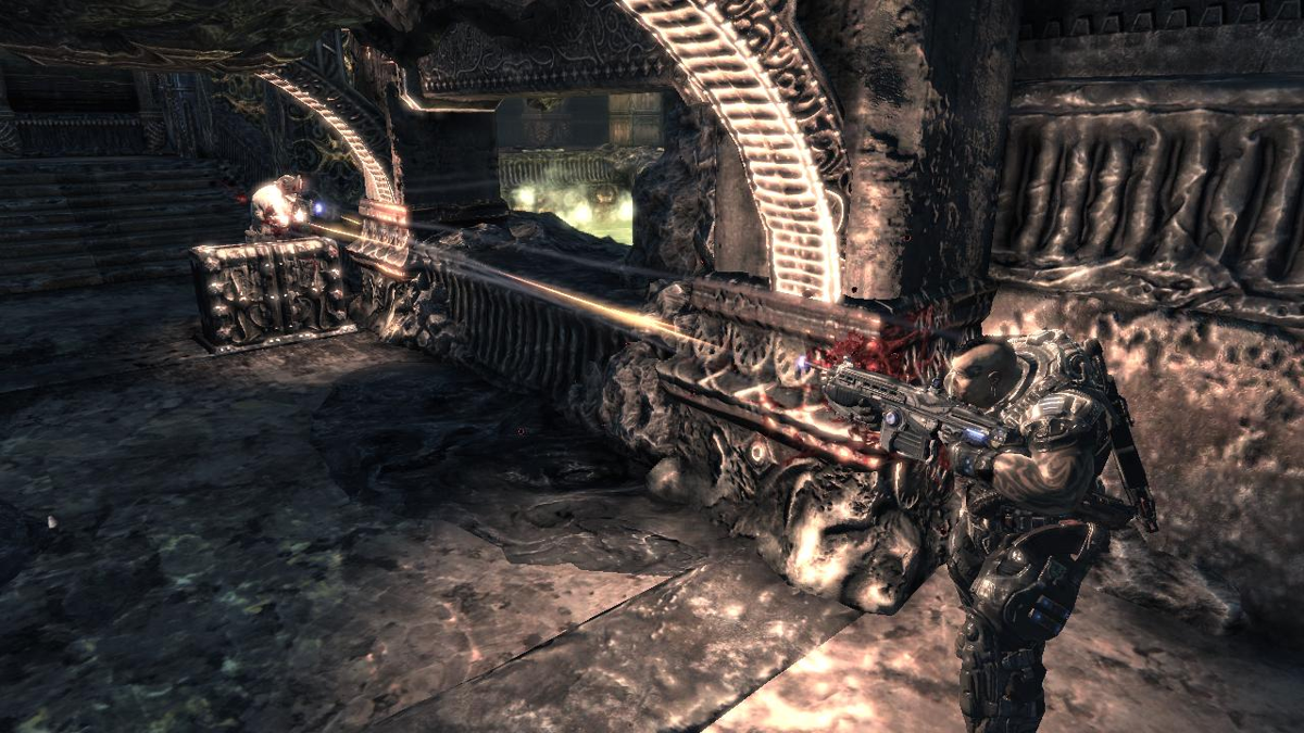 Gears of War 2 (Xbox 360) screenshot: Watching the firefight between Tai and the Beast Rider.