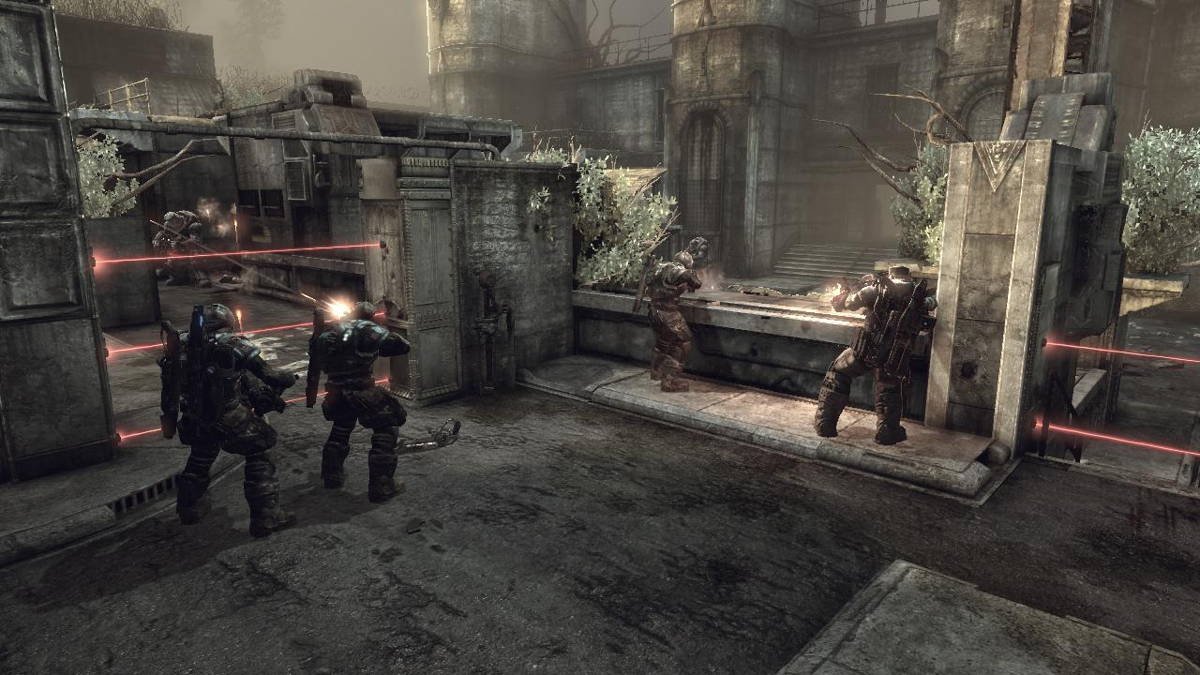Gears of War 2 (Xbox 360) screenshot: Playing a multiplayer Horde match on the "Security" map.