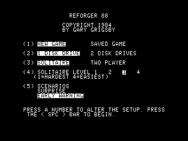 Reforger '88 (Apple II) screenshot: Title screen and main menu