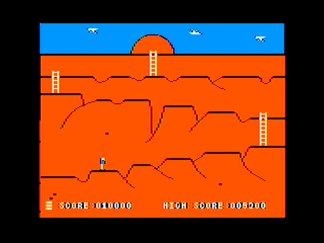 Canyon Climber (Apple II) screenshot: Avoid being hit by falling boulders