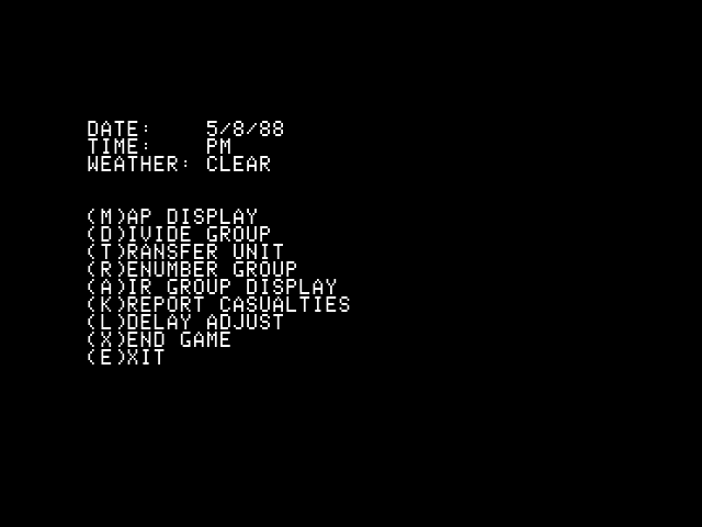 Reforger '88 (Apple II) screenshot: In-game menu