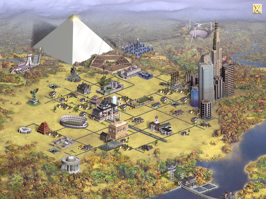 Sid Meier's Civilization III (Windows) screenshot: View of a metropolis with many wonders