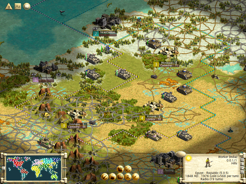 Sid Meier's Civilization III (Windows) screenshot: Foreign units everywhere. The Babylonians and Americans are at war with the Chinese.