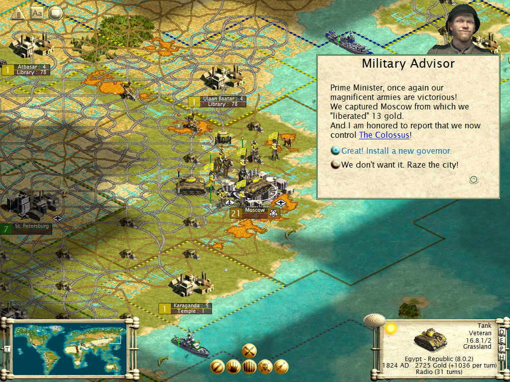 Sid Meier's Civilization III (Windows) screenshot: We have captured Moscow, the Russian civilization lies in ruins.