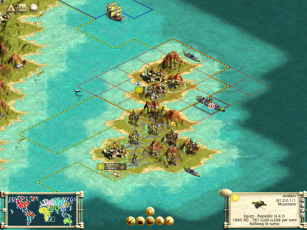 Sid Meier's Civilization III (Windows) screenshot: Artillery units and warships have the ability to bombard a target that's within their range.