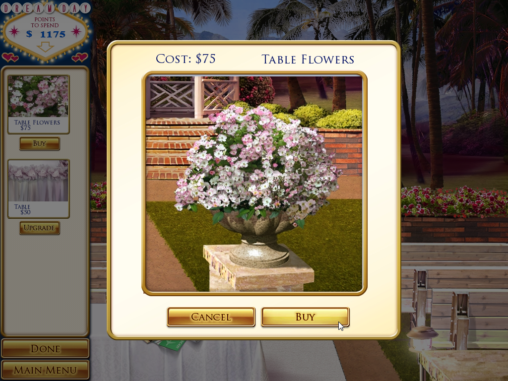 Dream Day Wedding: Viva Las Vegas (Windows) screenshot: Table flowers
