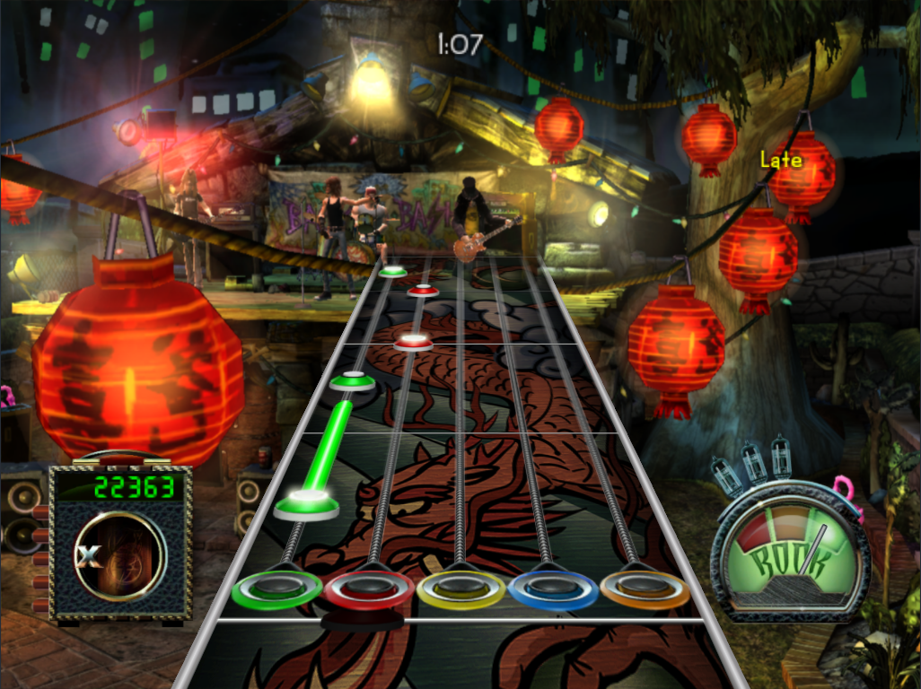 Frets on Fire (Windows) screenshot: In-game track using the Alarian mod.