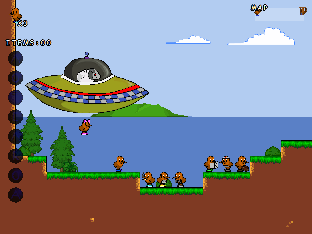 The Kiwi's Tale (Windows) screenshot: Oh no, the kiwis are being abducted!