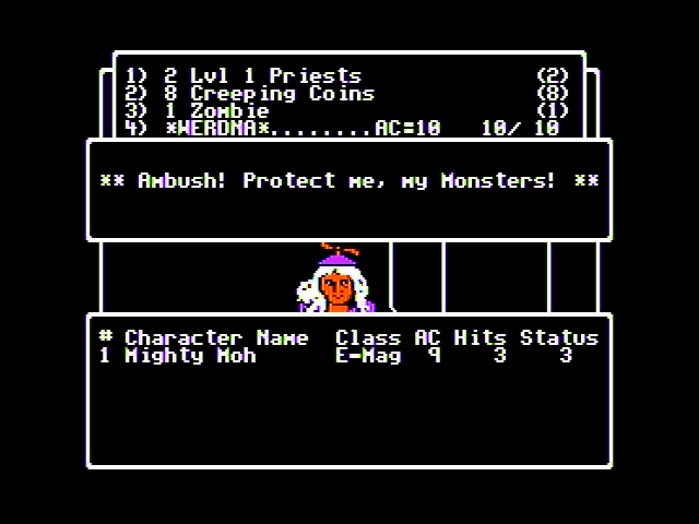 Wizardry: The Return of Werdna - The Fourth Scenario (Apple II) screenshot: An encounter! Protect me, my monsters!