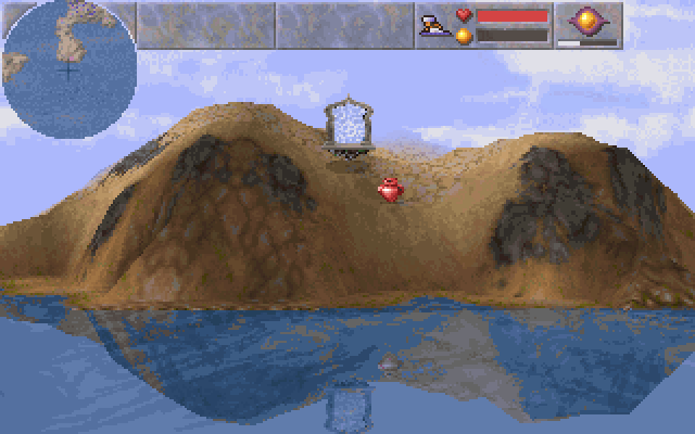 Magic Carpet (DOS) screenshot: A jump-gate that leads out to the water.