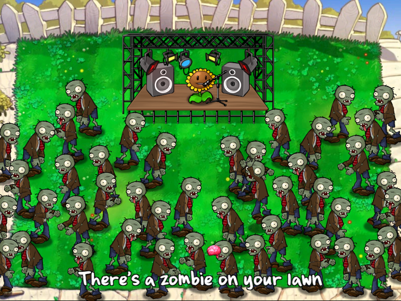 Plants vs. Zombies (Windows) screenshot: Zombies on your lawn! The ending credits song, which will get stuck in your head.