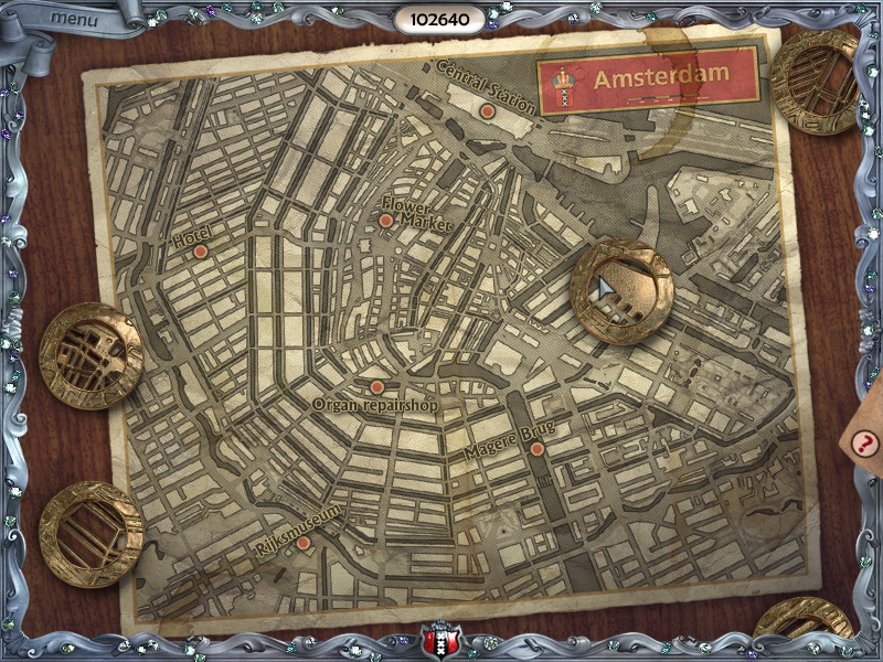 Youda Legend: The Curse of the Amsterdam Diamond (Windows) screenshot: Map medallions puzzle
