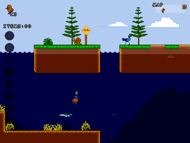 The Kiwi's Tale (Windows) screenshot: Nik goes swimming and has 10 seconds of air supply.