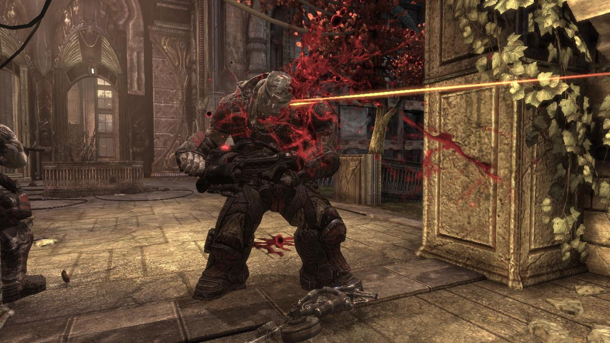 Gears of War 2 (Xbox 360) screenshot: Several well placed shots are needed to kill a big enemy like this Grinder.