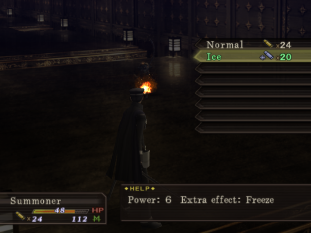 Shin Megami Tensei: Devil Summoner - Raidou Kuzunoha vs. the Soulless Army (PlayStation 2) screenshot: Reloading magical amunition for the pistol.