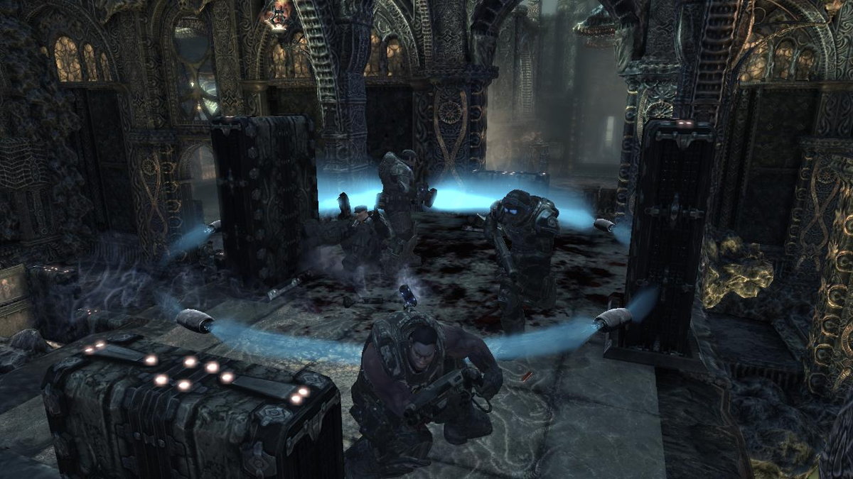 Gears of War 2 (Xbox 360) screenshot: Four COG soldiers are guarding the ring in a "King of the Hill" match.