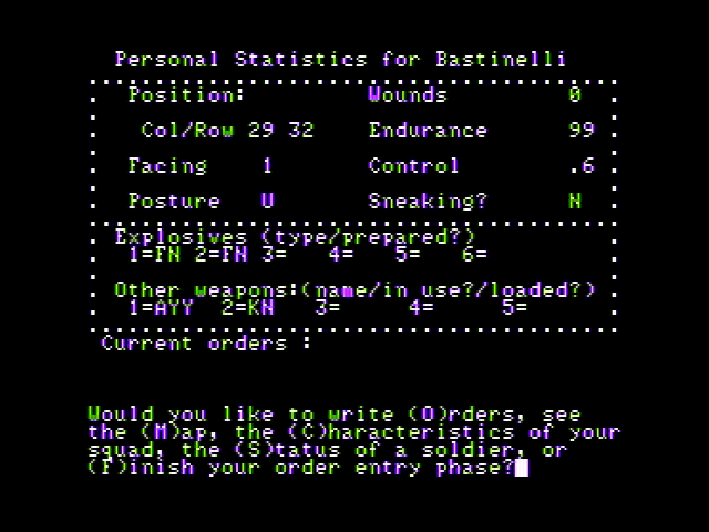 Computer Ambush (Apple II) screenshot: Stats for one of your soldiers