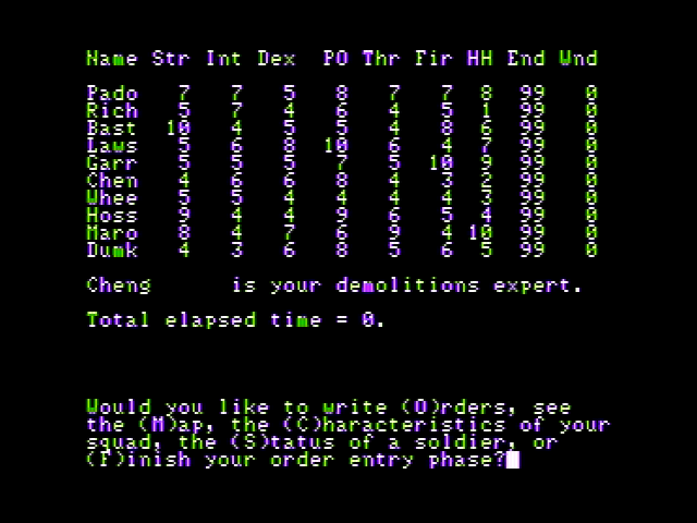 Computer Ambush (Apple II) screenshot: Squad characteristics