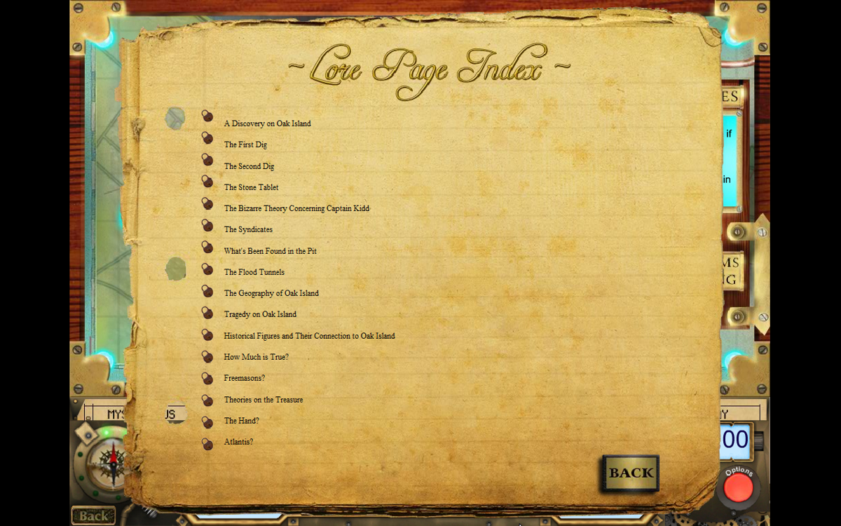 Mysterious Worlds: The Secret of Oak Island (Windows) screenshot: Lore index