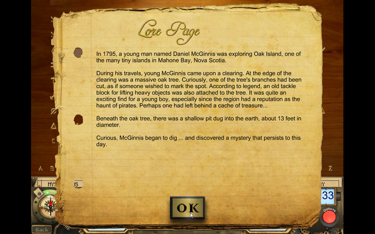 Mysterious Worlds: The Secret of Oak Island (Windows) screenshot: Lore page