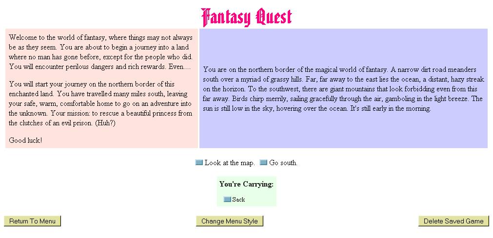 Fantasy Quest (Browser) screenshot: Beginning of the game