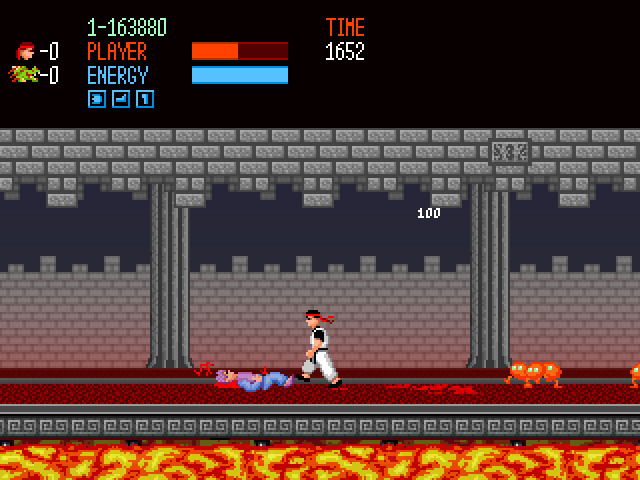 Kung Fu II (Windows) screenshot: Chased by walking blobs of lava in the castle of level seven.