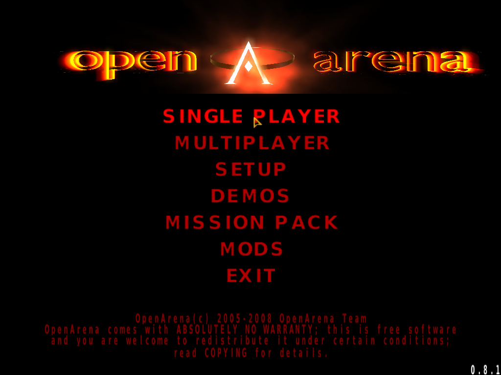 OpenArena (Windows) screenshot: Main menu