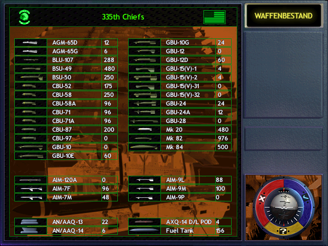 Jane's Combat Simulations: F-15 (Windows) screenshot: Checking the weapon arsenal.