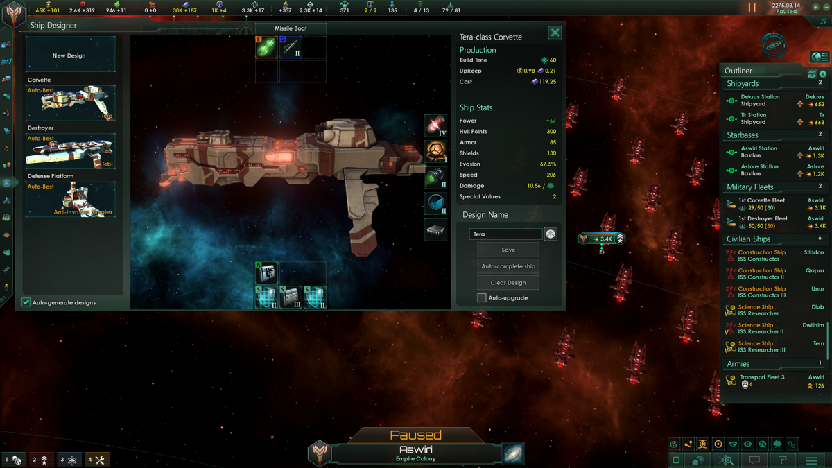Stellaris (Windows) screenshot: You can have your warships auto designed or design them yourself from available technologies