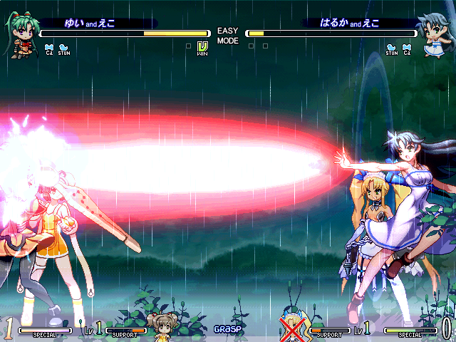 Vanguard Princess (Windows) screenshot: Haruka's stance firing her beam is pure elegance.