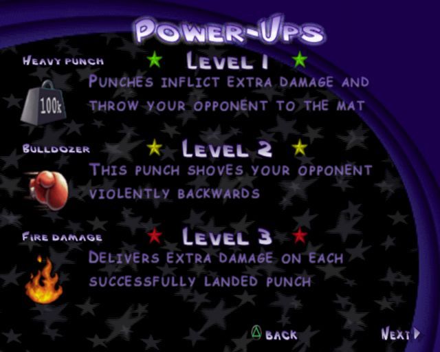 Black & Bruised (PlayStation 2) screenshot: When the fighters land enough punches they acquire power ups. <br> Worth knowing what these are before the fight.