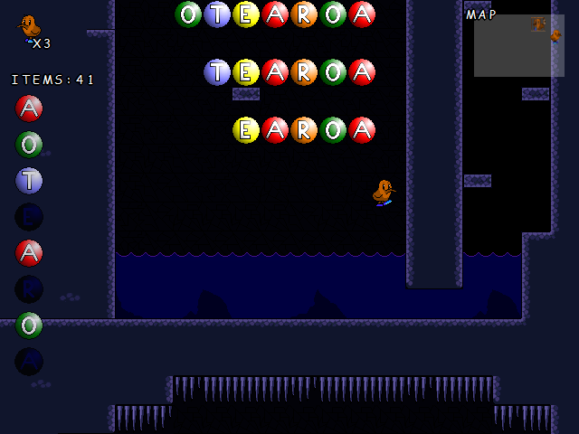 The Kiwi's Tale (Windows) screenshot: At Punakaiki Nik will find all those letters. The problem is to reach them!