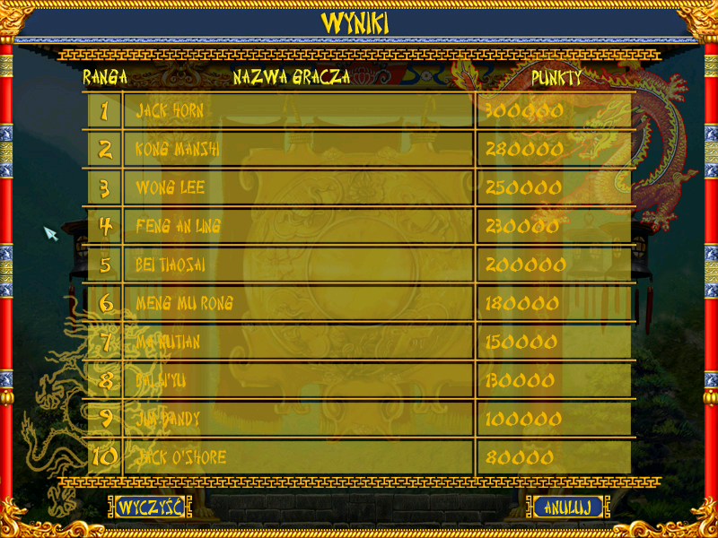 Dragon (Windows) screenshot: High score table (Polish)