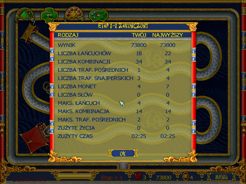 Dragon (Windows) screenshot: Level 1-1 is finished. (Polish)