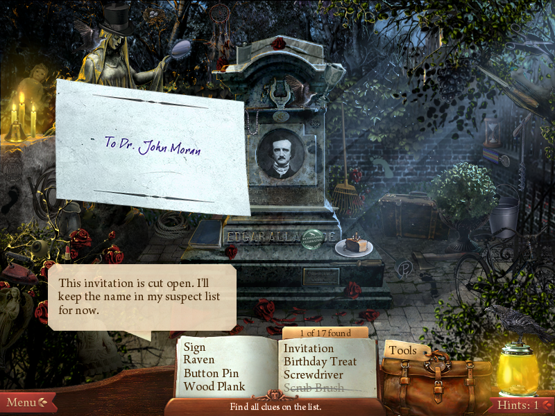 Midnight Mysteries: The Edgar Allan Poe Conspiracy (Windows) screenshot: Poe's tombstone