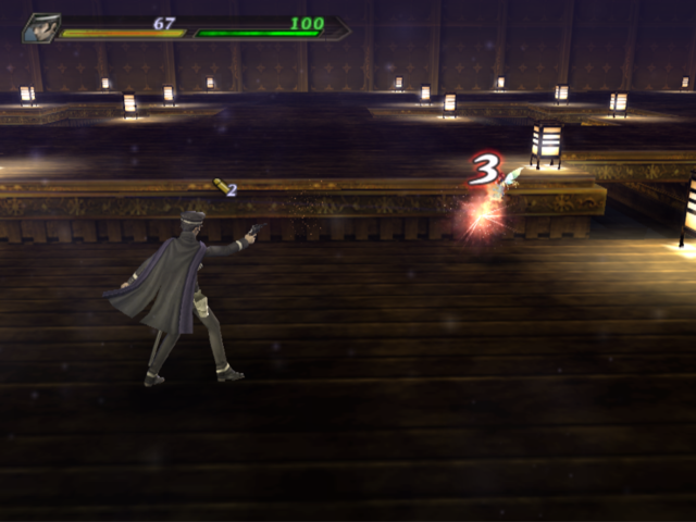 Shin Megami Tensei: Devil Summoner 2 - Raidou Kuzunoha vs. King Abaddon (PlayStation 2) screenshot: Shooting the pixie.